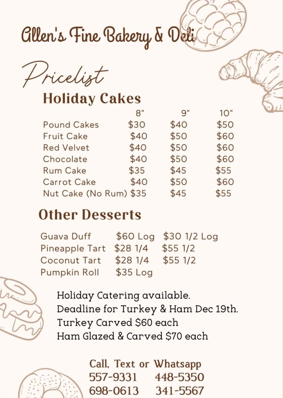 Allen's Fine Bakery and Deli holiday price list